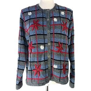 VINTAGE Knit Cardigan Hand Embroidered Granny Cottagecore Snowflake Gray Size L